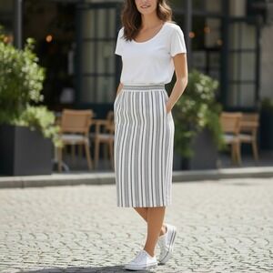 Melloday Striped Midi Skirt White Black Elastic Waist with Pockets Small